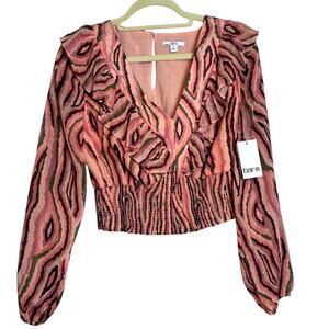 *NWT* BAR III V-Neck Bell Sleeve Ruched Waist Blouse, Pink & Brown. Size: M